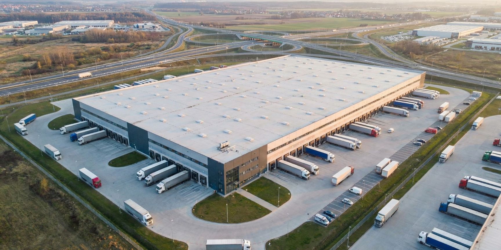 Aerial view of a large logistics center with numerous loading ramps and truck traffic, which illustrates the function of a central transshipment point and middle warehouse.